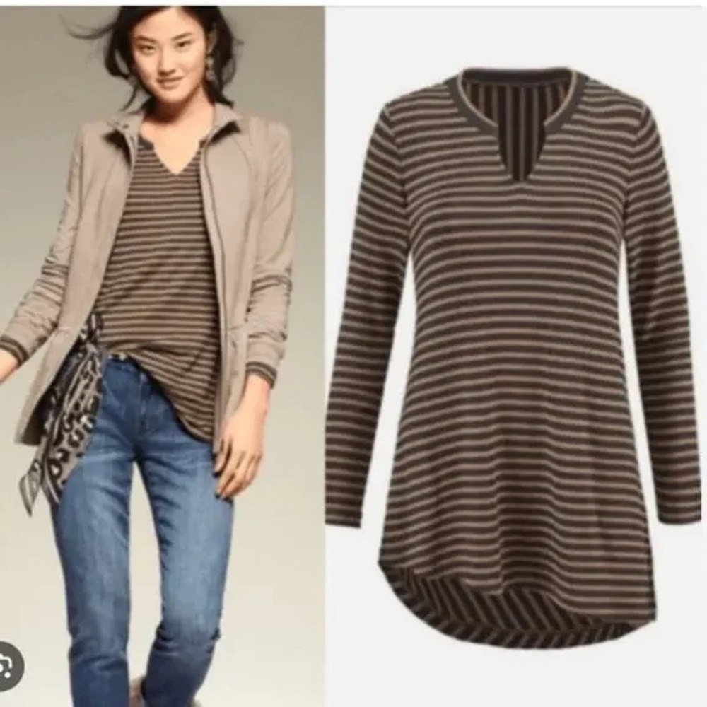 CAbi Striped Slant Tunic Top Large asymmetrical tan black stretch jersey knit